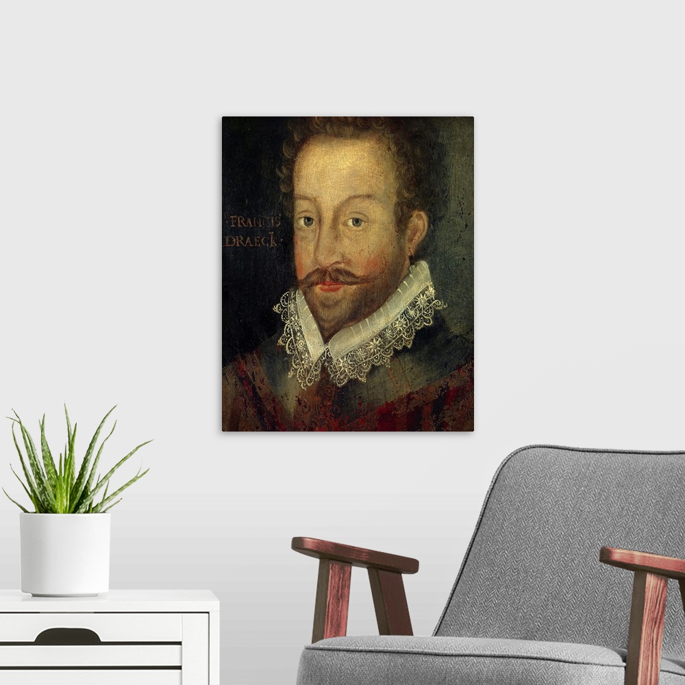 A modern room featuring English School. Portrait of Sir Francis Drake, English admiral, circumnavigator, privateer. After...