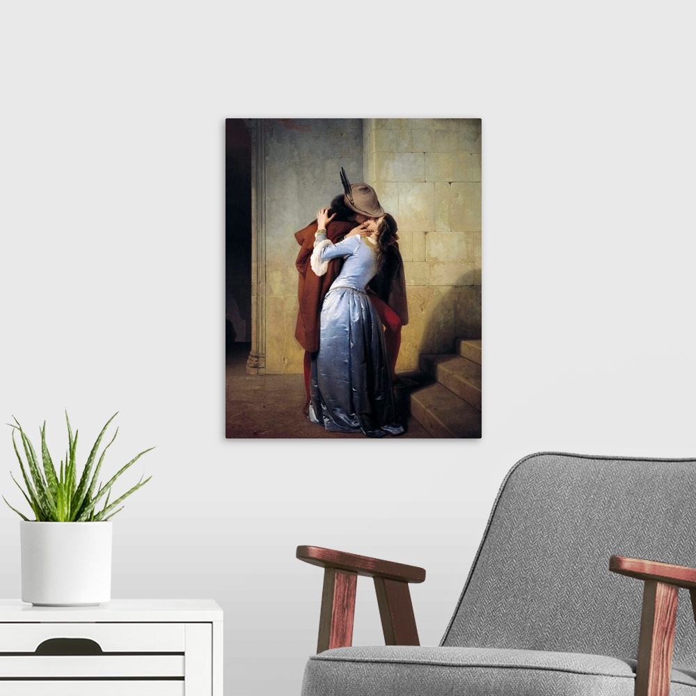 A modern room featuring 19th century classic painting of a man kissing a woman in a stone hallway.