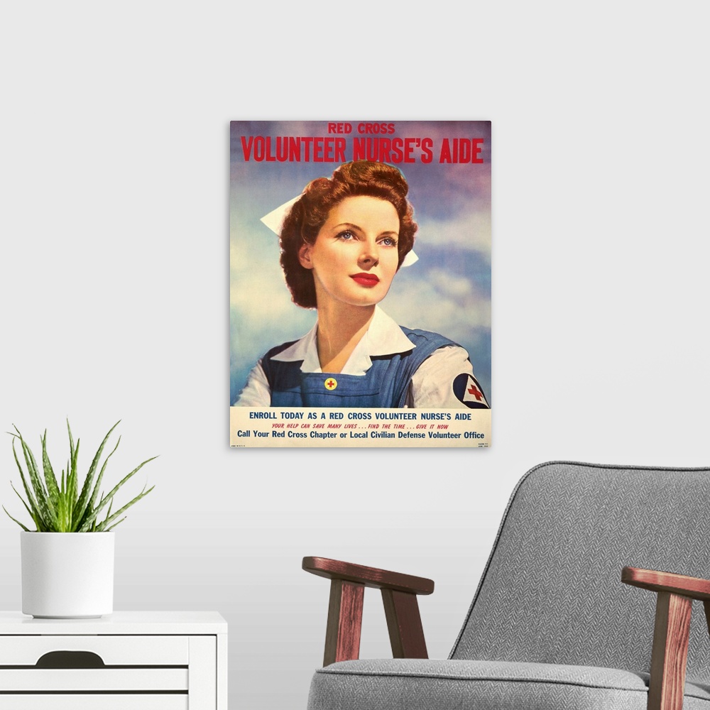 A modern room featuring US recruitment poster for Red Cross volunteer nurse's aide during World War II