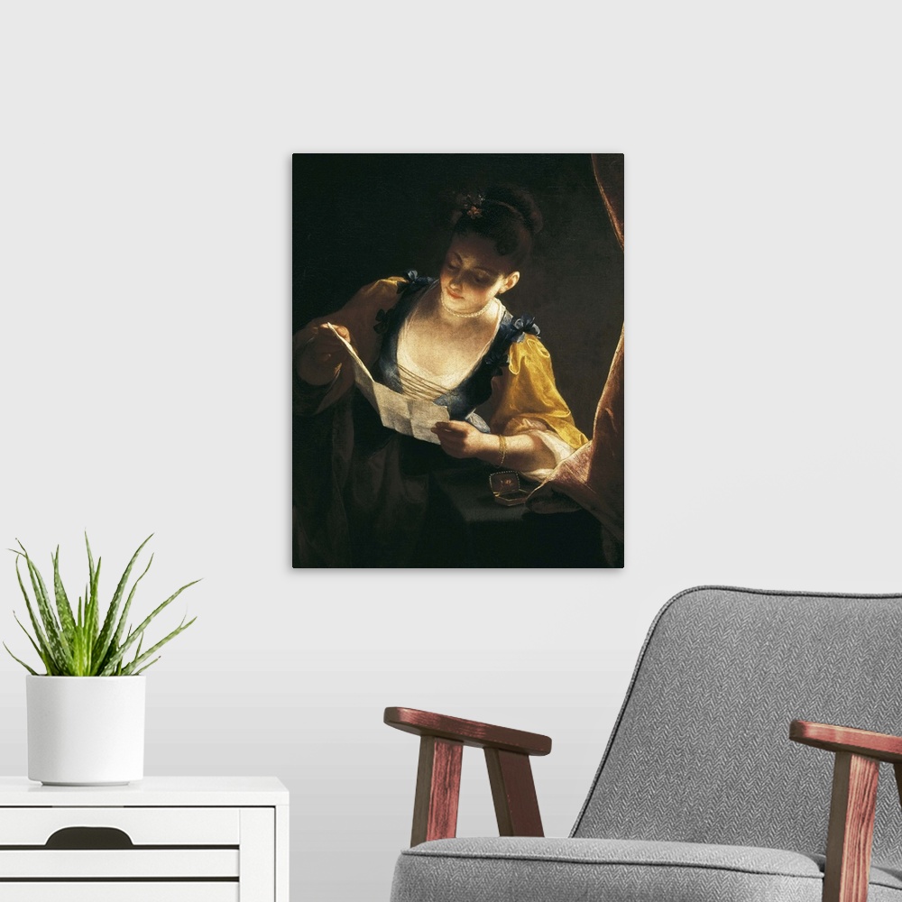 A modern room featuring Young Woman Reading a Letter by Jean Raoux