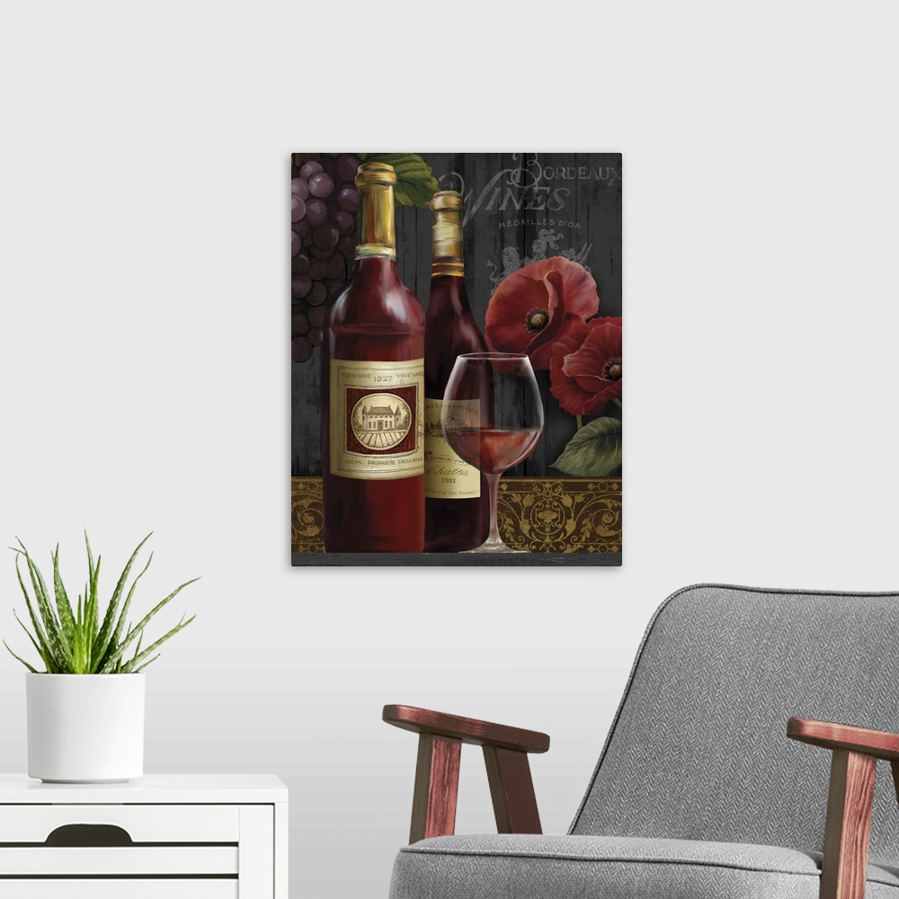 A modern room featuring Still life painting of two bottles of wine and a glass of red wine with poppies and grapes in the...