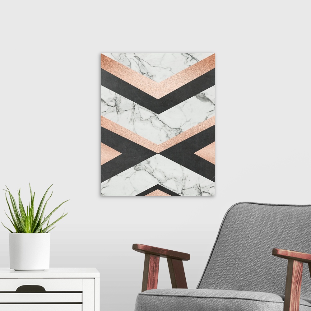 A modern room featuring Abstract decor with marbled angles mixed in with metallic rose gold, and black angles, creating t...