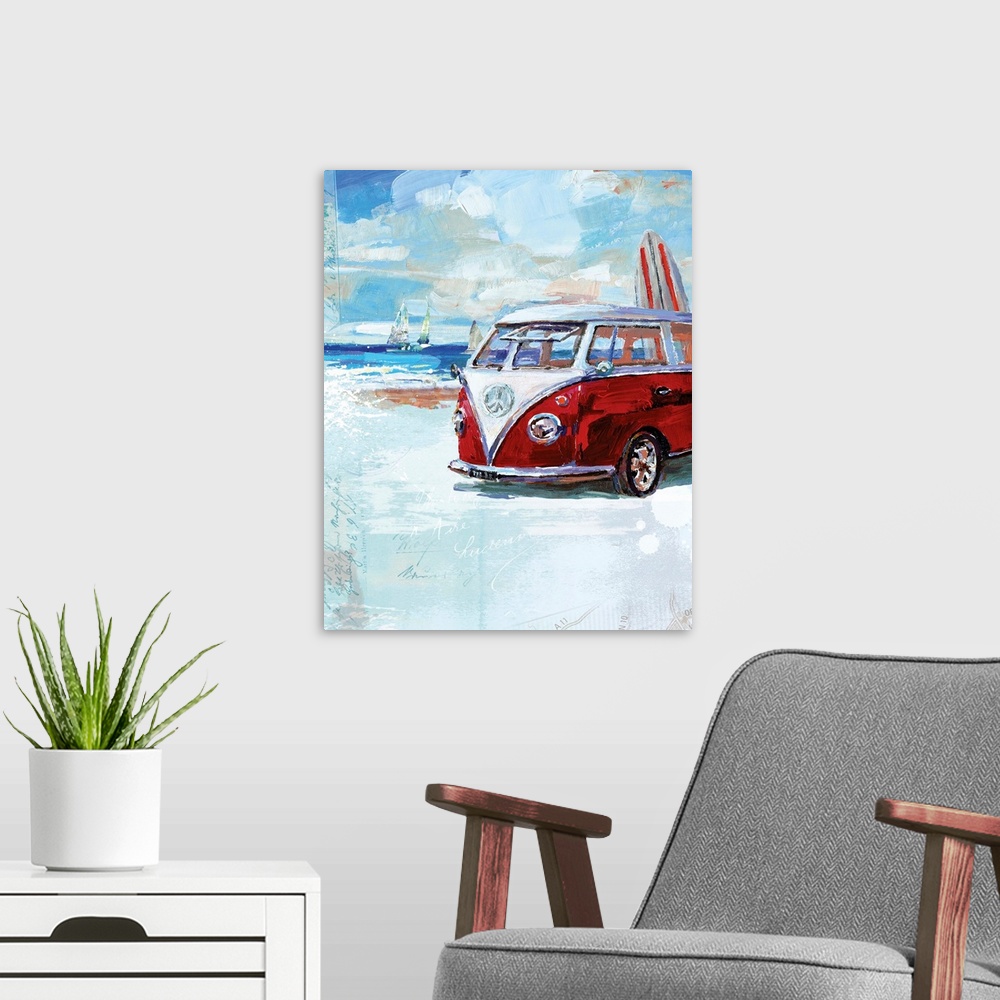 A modern room featuring A painting of a Volkswagen van with expressive brushstrokes and subtle layers of map text and han...