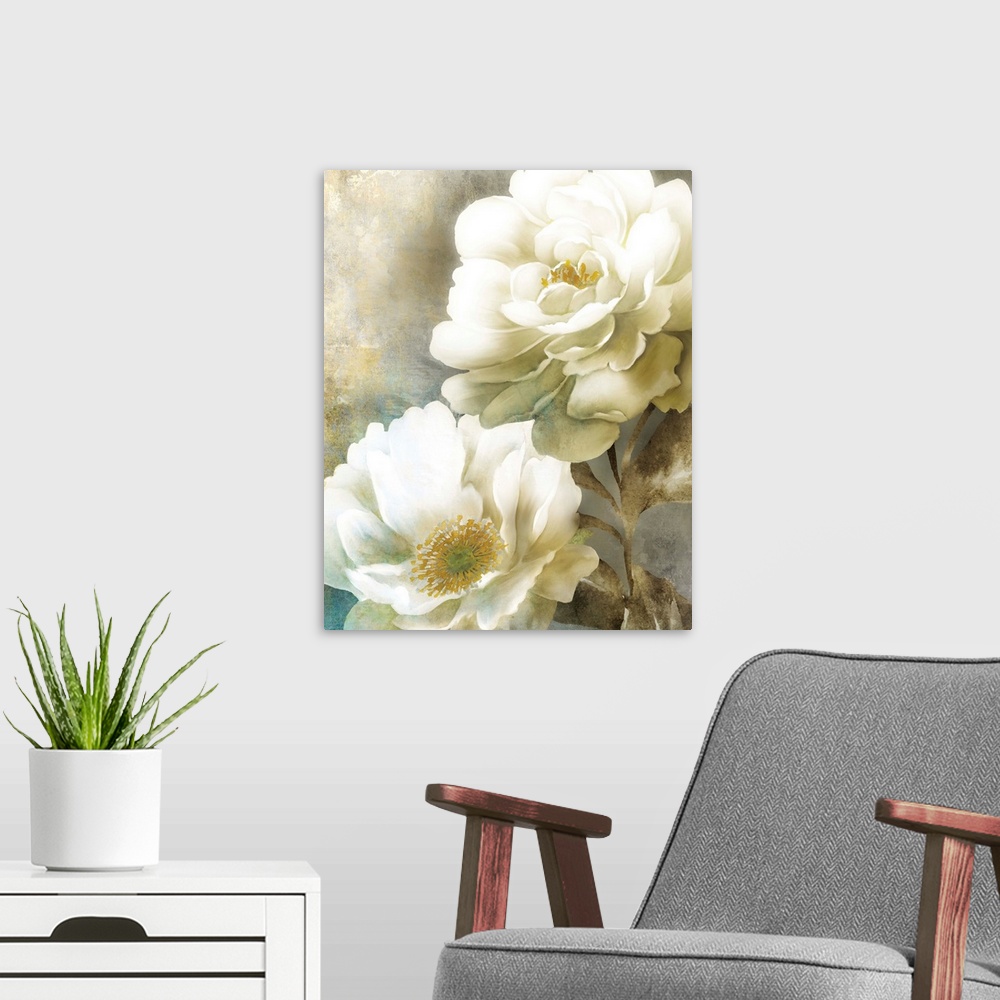 A modern room featuring Contemporary painting of two white poppy flowers with gold centers, stems, and leaves.
