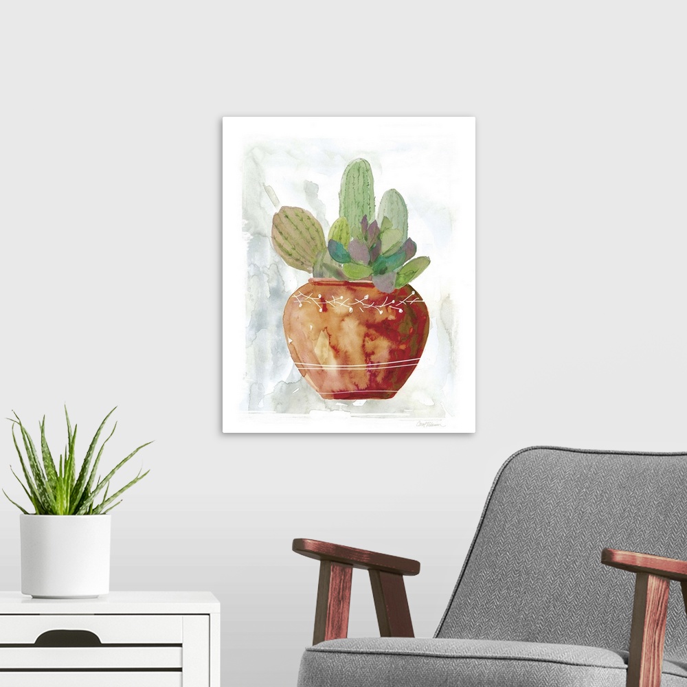 A modern room featuring A watercolor painting of cacti and succulents.