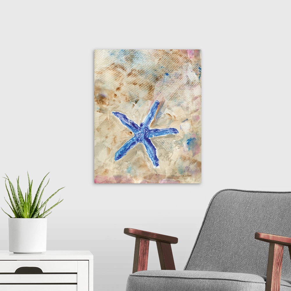 A modern room featuring Watercolor painting of a starfish made in shades of blue with a textured white, brown, blue, and ...