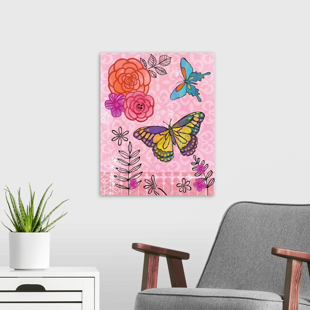 A modern room featuring Whimsy illustration of butterflies and flowers on a light pink patterned background.