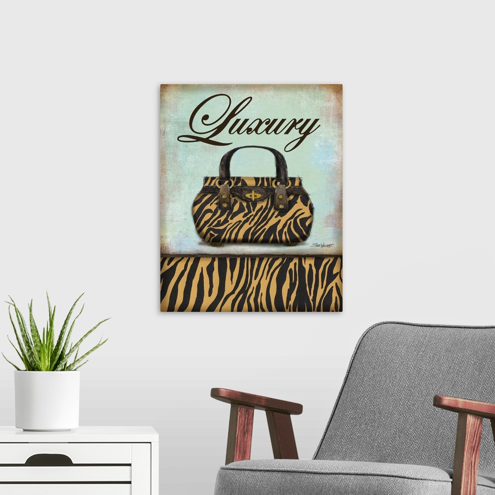 A modern room featuring Fashionable decor with an illustration of a gold and black zebra print purse with the word "Luxur...