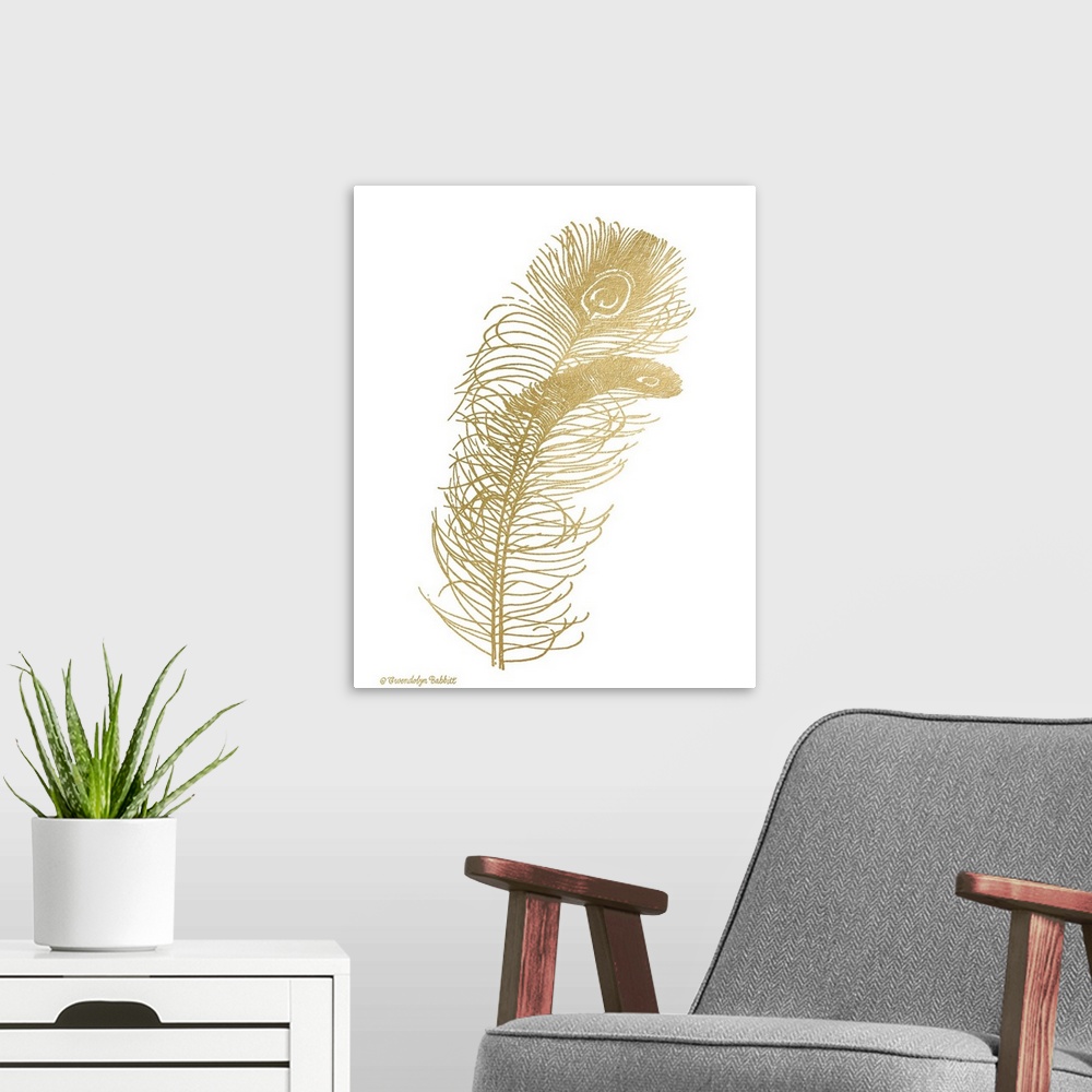 A modern room featuring Metallic gold peacock feathers on a white background.