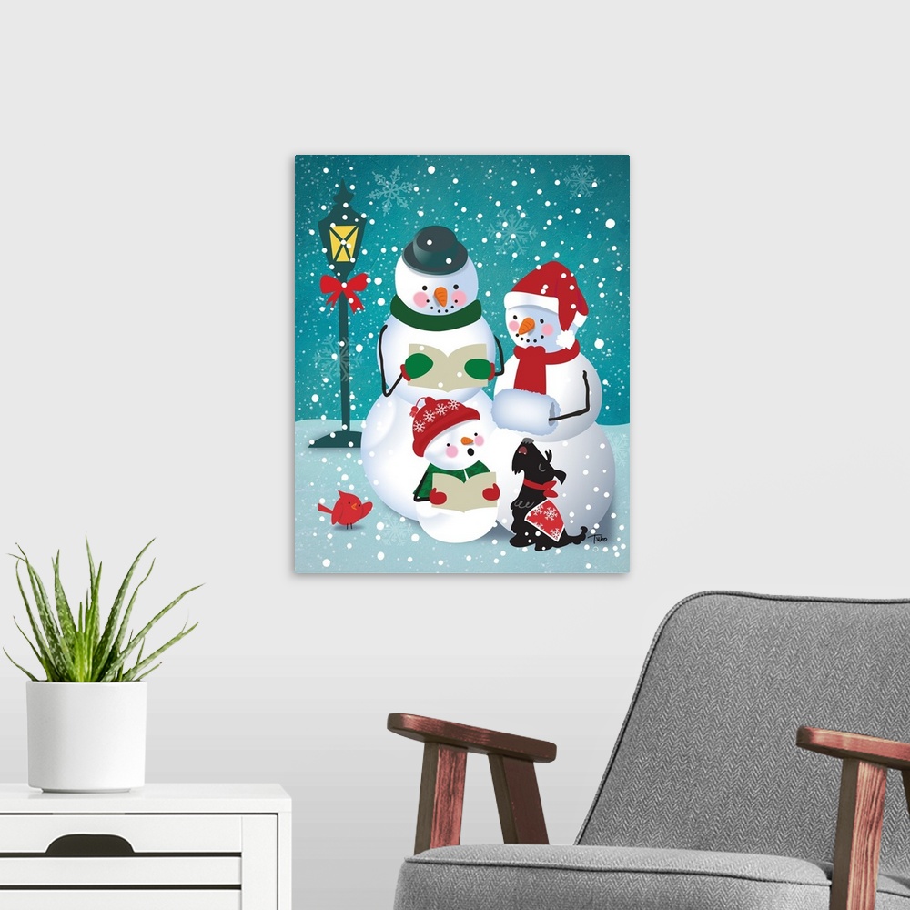 A modern room featuring Whimsical illustration of three snowmen, a dog, and a cardinal caroling in the snow.