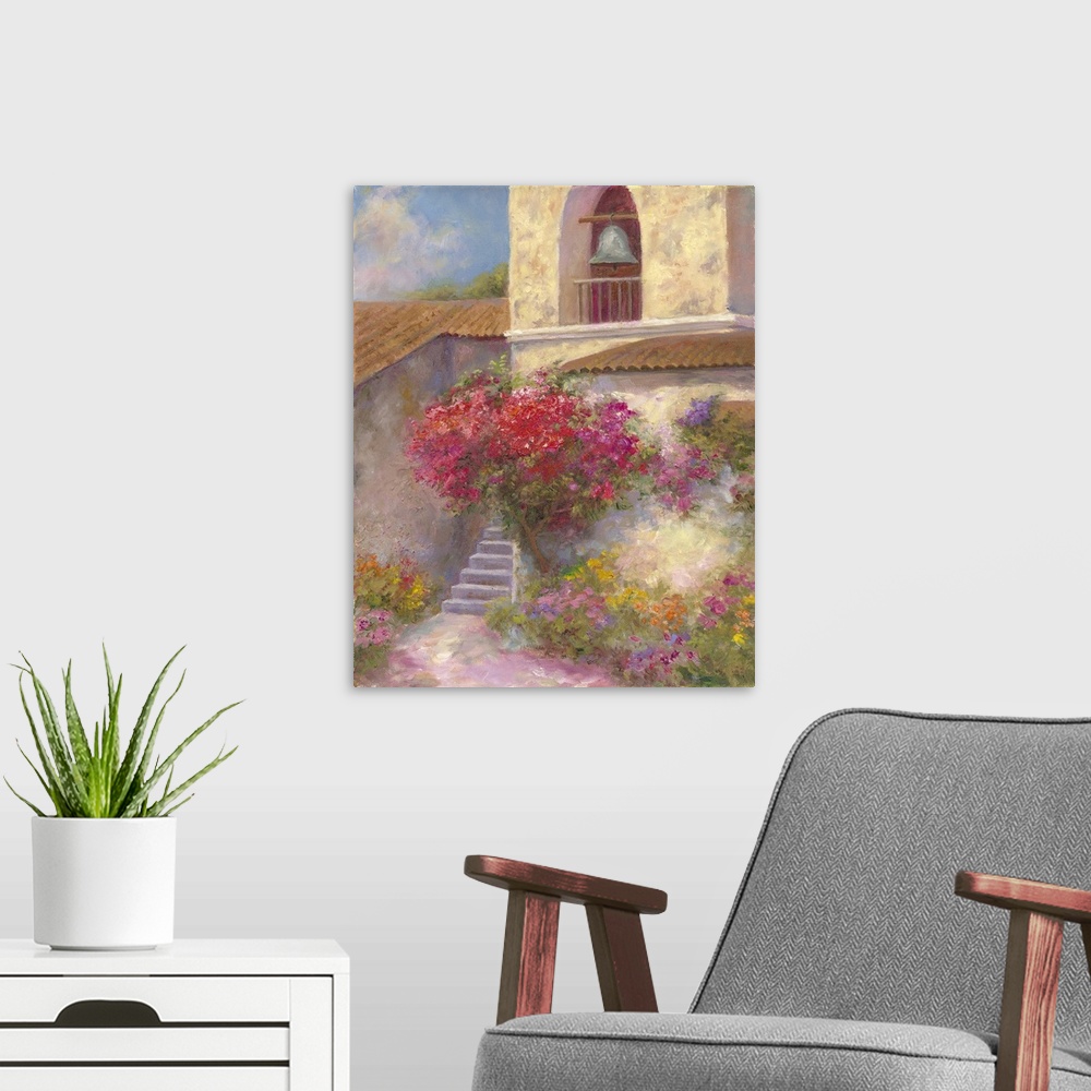 A modern room featuring Contemporary artwork of a bell in a church.