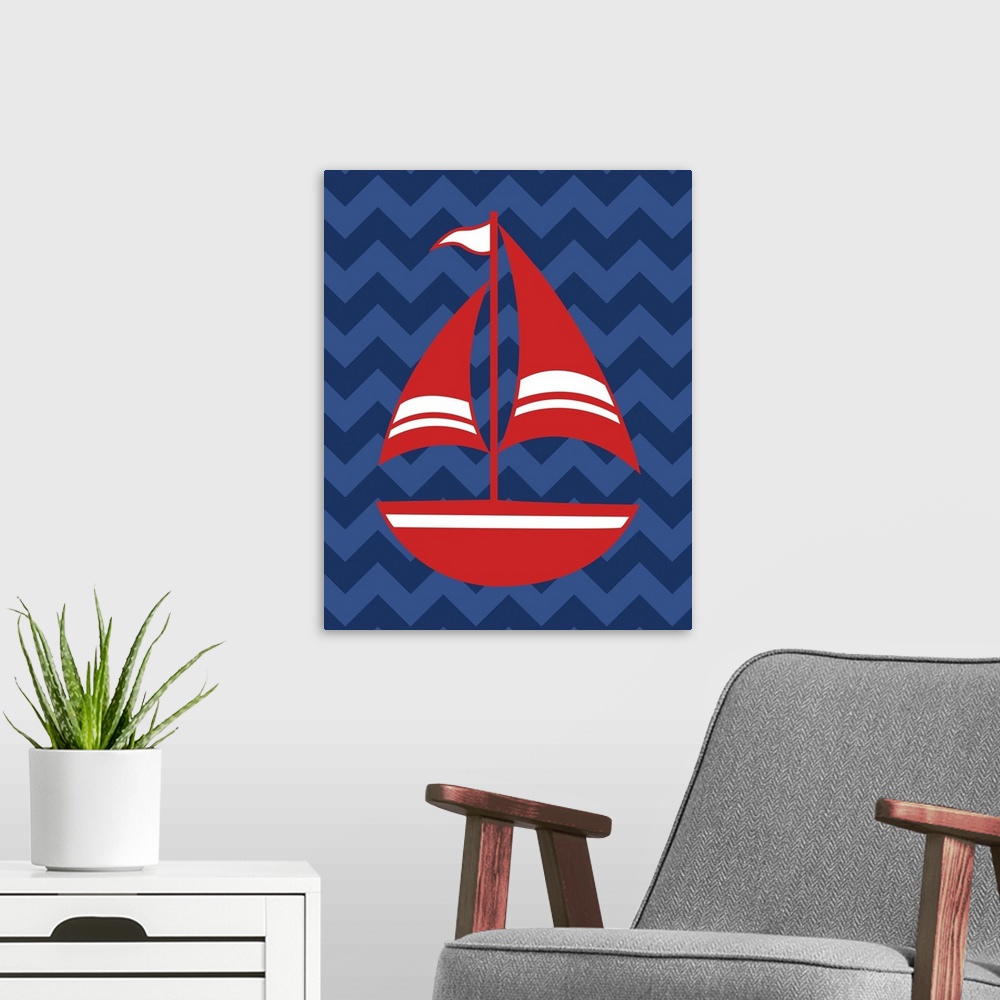 A modern room featuring Square nautical art with an illustration of a red and white sailboat on a blue zig-zag patterned ...