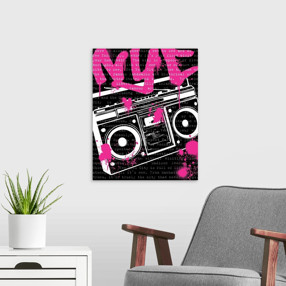A modern room featuring Graffiti art in pink, black, and white with a boom box and NYC spray painted at the top.