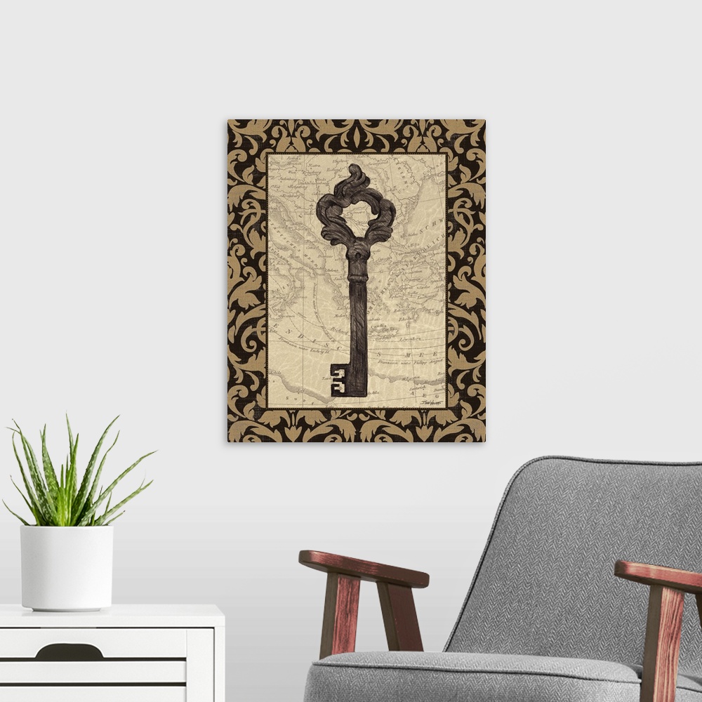 A modern room featuring Decor with an illustration of an antique skeleton key with a map in the background.