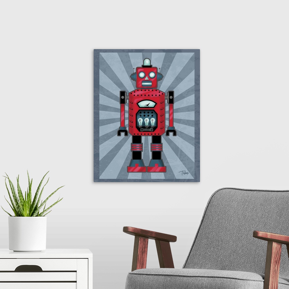 A modern room featuring Fun illustration of a red, black, and blue robot on a blue-gray background.
