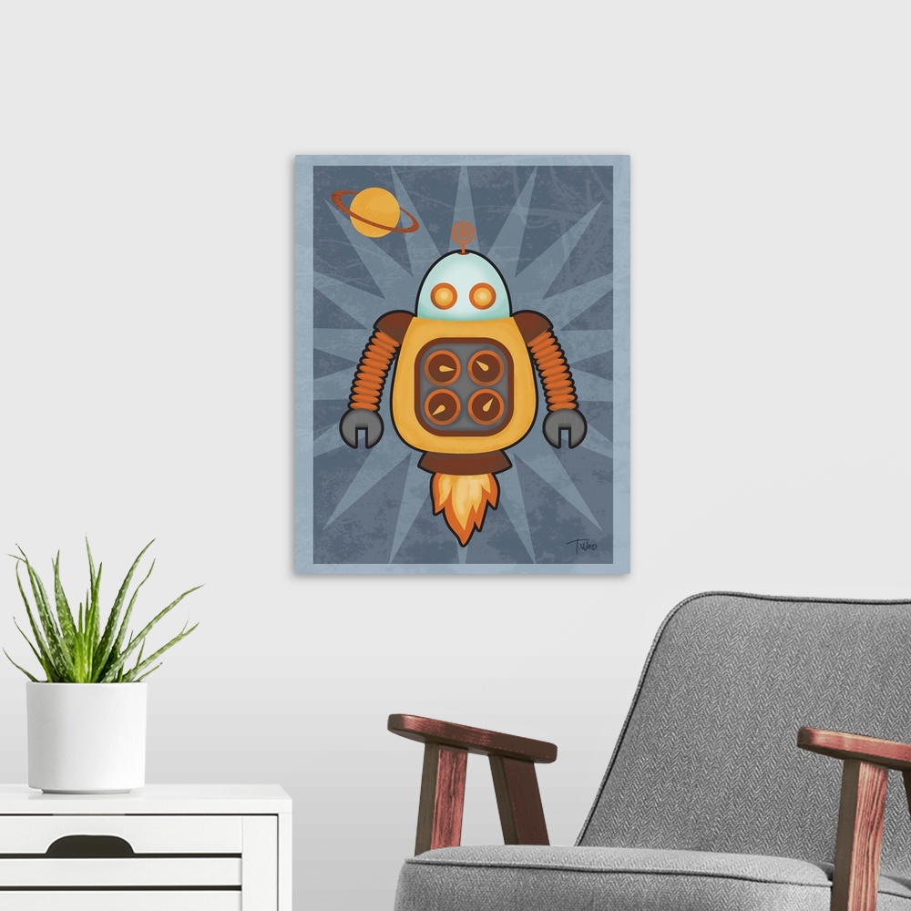 A modern room featuring Fun illustration of an orange, brown, and blue robot blasting into space with Saturn in the backg...