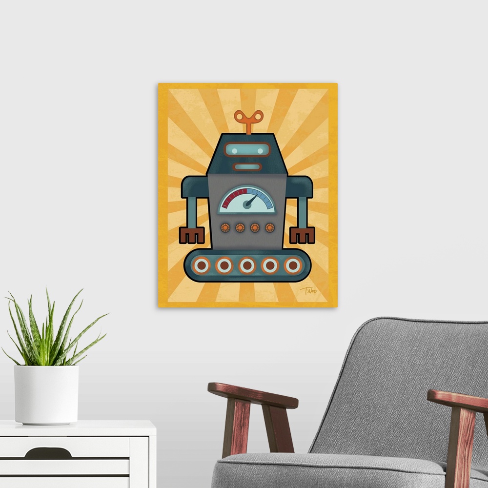 A modern room featuring Fun illustration of a blue, orange, and gray robot on a yellow background.