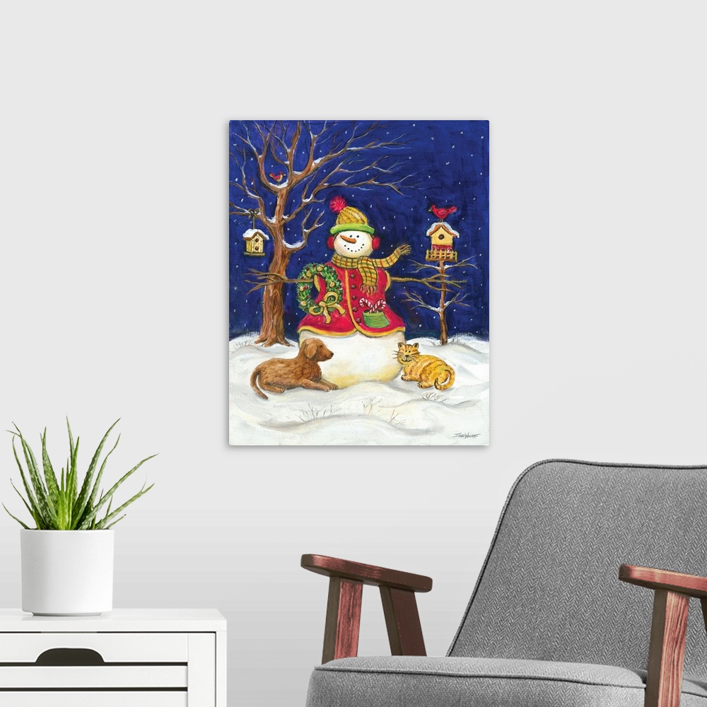 A modern room featuring Winter decor with a snowman wearing a red sweater and a wreath hanging on his arm with a cat and ...