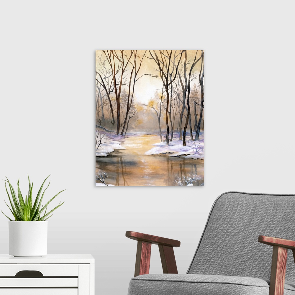 A modern room featuring Landscape painting of a river lined with snow and tall bare Winter trees during a golden sunset.