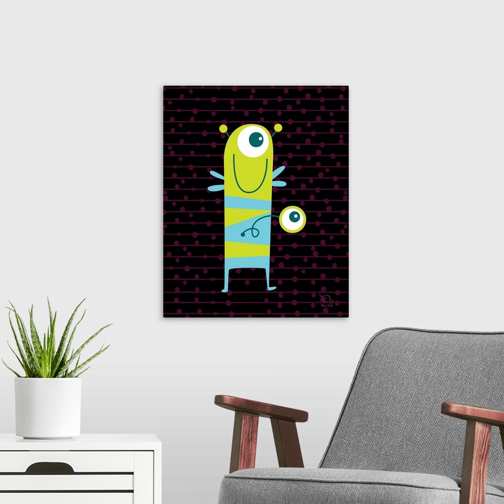 A modern room featuring Square illustration of a bright green and blue monster on a black and purple patterned background.
