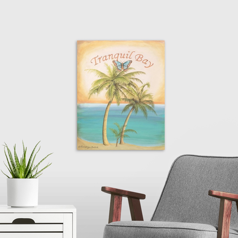A modern room featuring Painting of palm trees on a beach with a butterfly flying above and "Tranquil Bay" written at the...