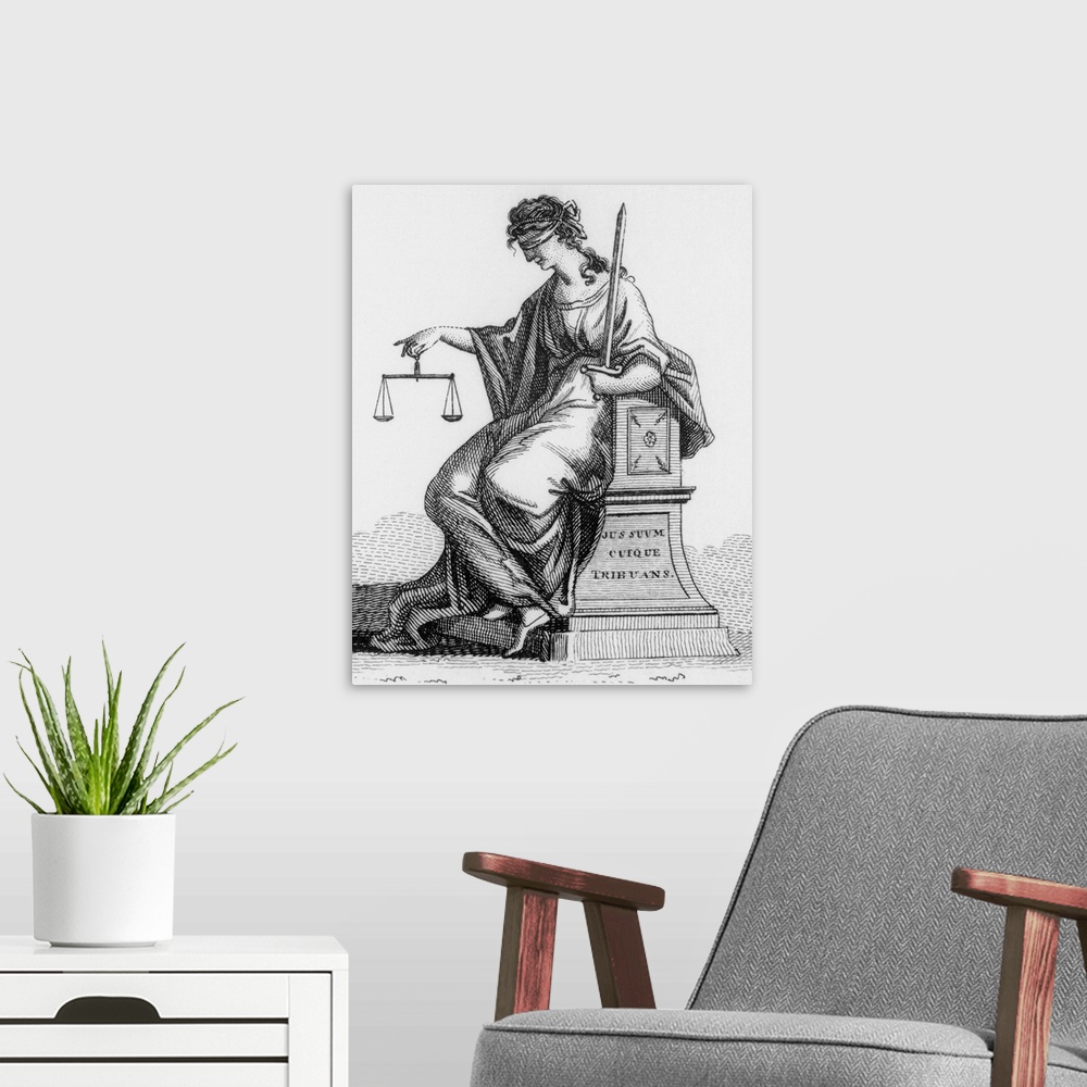 A modern room featuring A Depiction of Woman Holding Scales of Justice