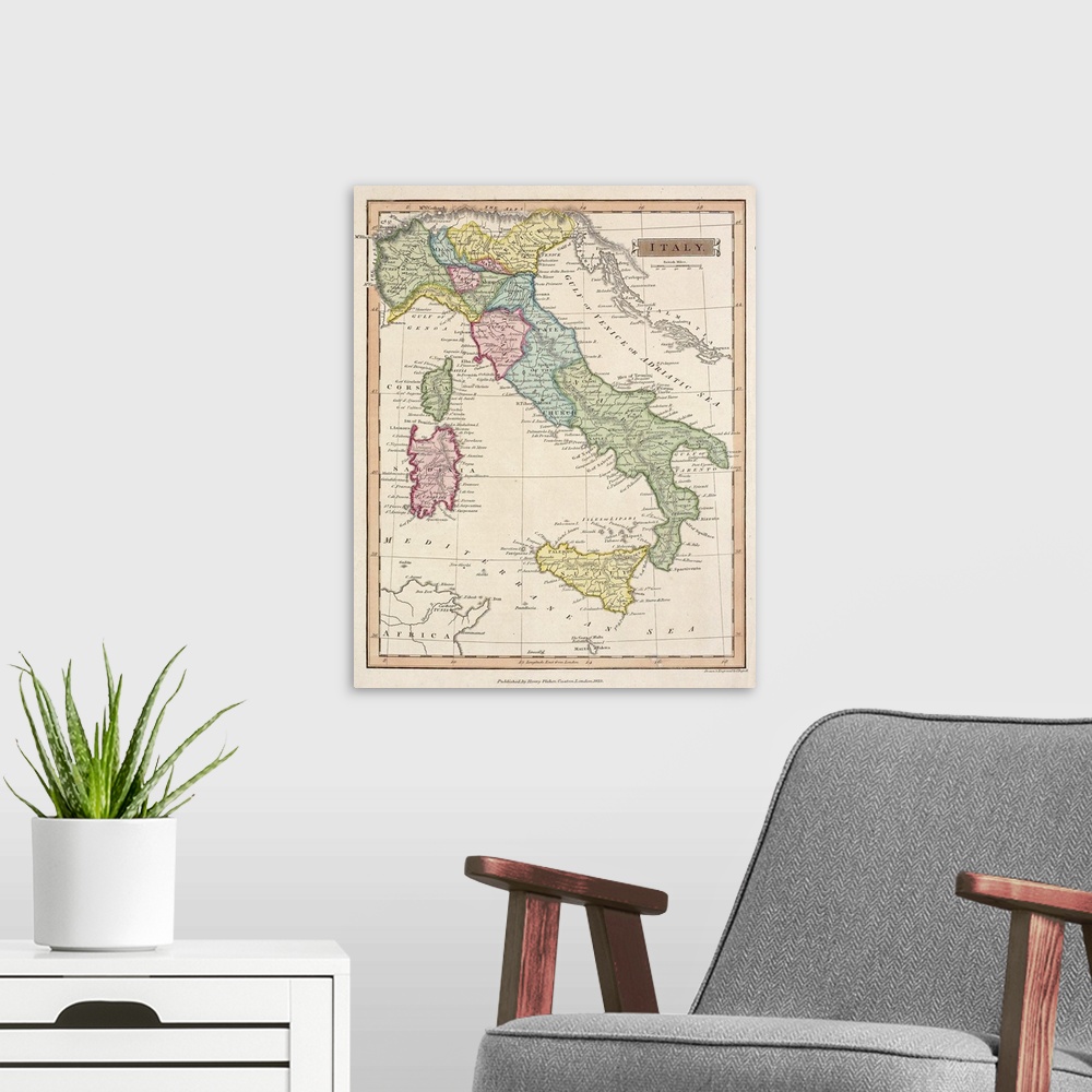 A modern room featuring Vintage map of the country of Italy and several islands in the Mediterranean, including Sicily, S...