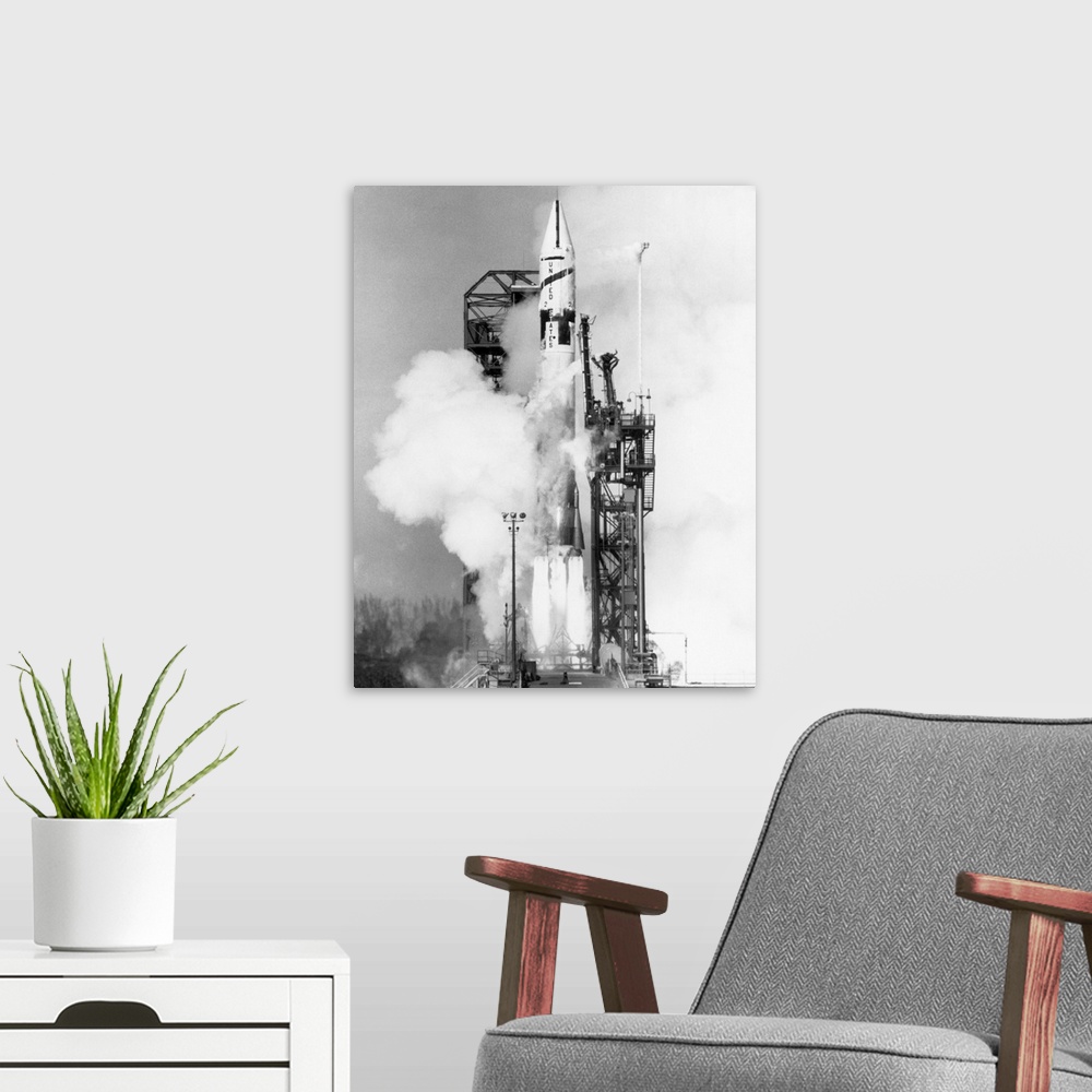 A modern room featuring Cape Canaveral, FL-: The Atlas Centaur lifts off Pad 36 at 2:03 p.m. carrying its first liquid hy...