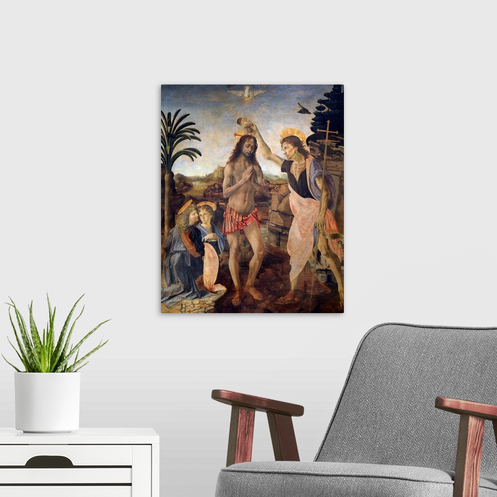 A modern room featuring Baptism of the Christ - Painting by Andrea di Francesco di Cione, called Verrocchio (1435-1488) a...