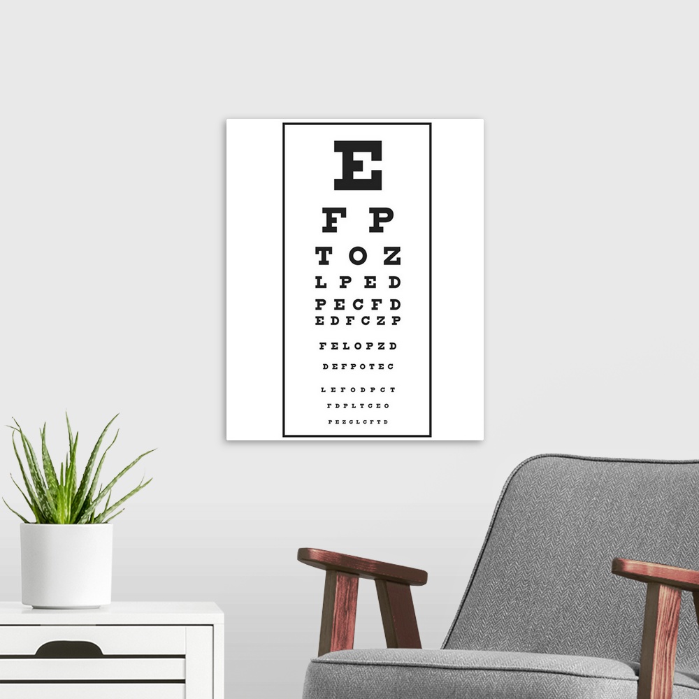 A modern room featuring Black and white illustration of Snellen chart