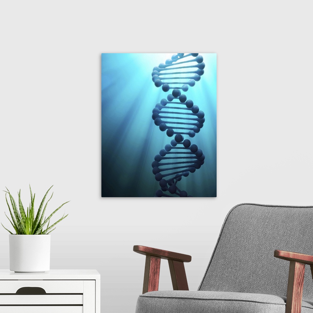 A modern room featuring DNA molecule, computer artwork.