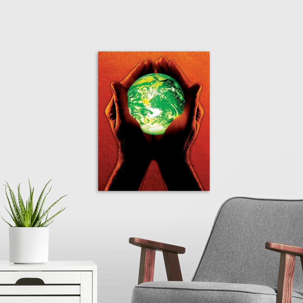 A modern room featuring Hands holding green earth, orange tone on hands and background