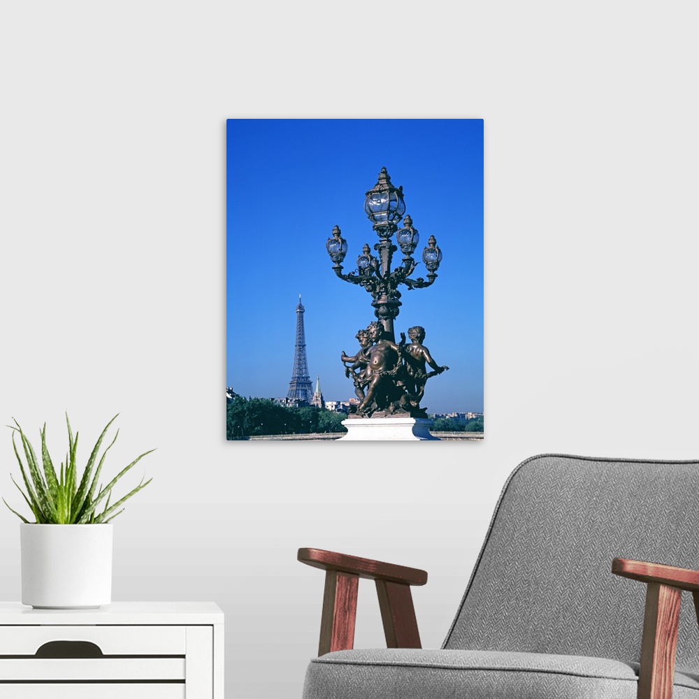 A modern room featuring Lamp post on Pont Alexandre III Bridge and Eiffel Tower. Paris, France