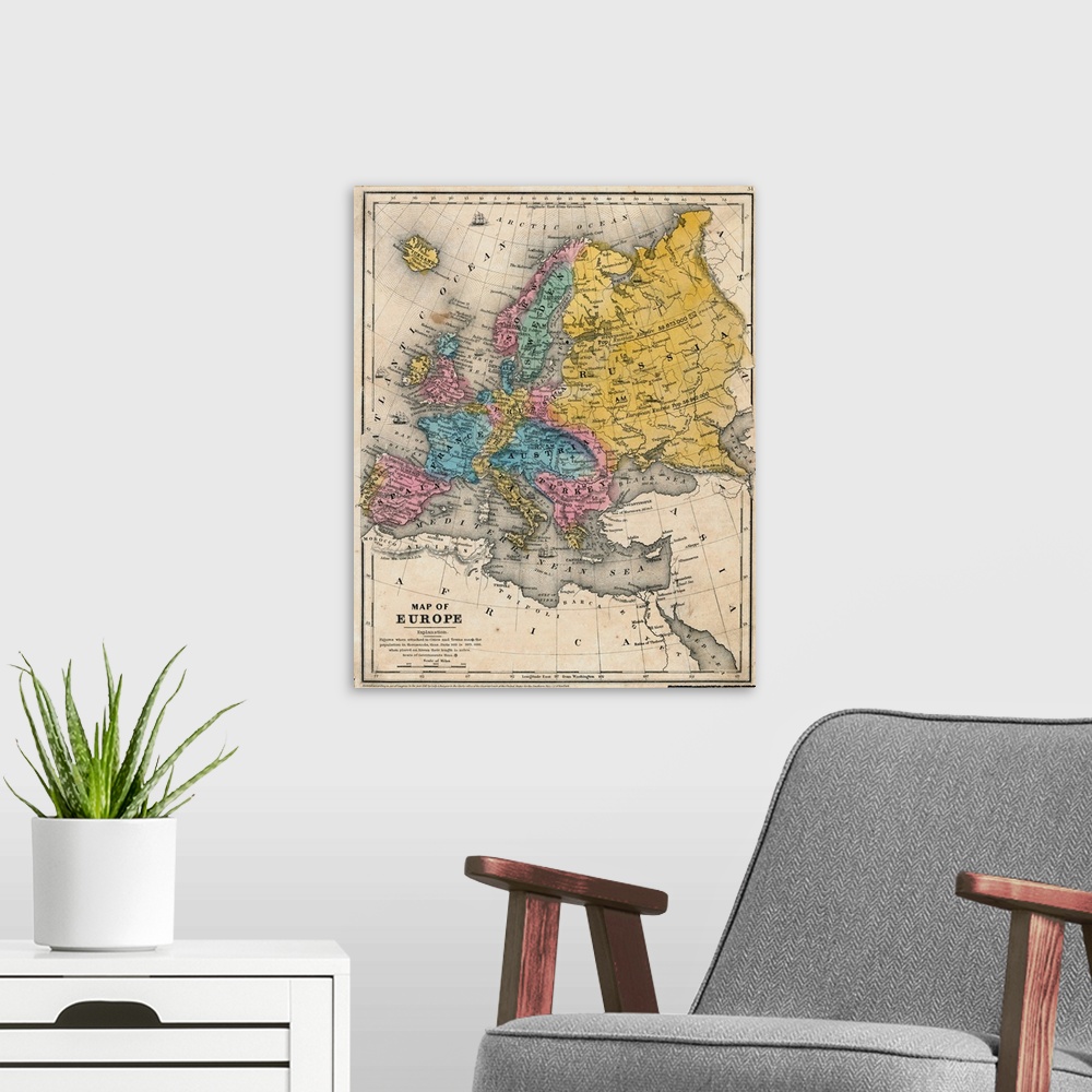 A modern room featuring 1847 Map of Europe, by Cady and Burgess of New York.