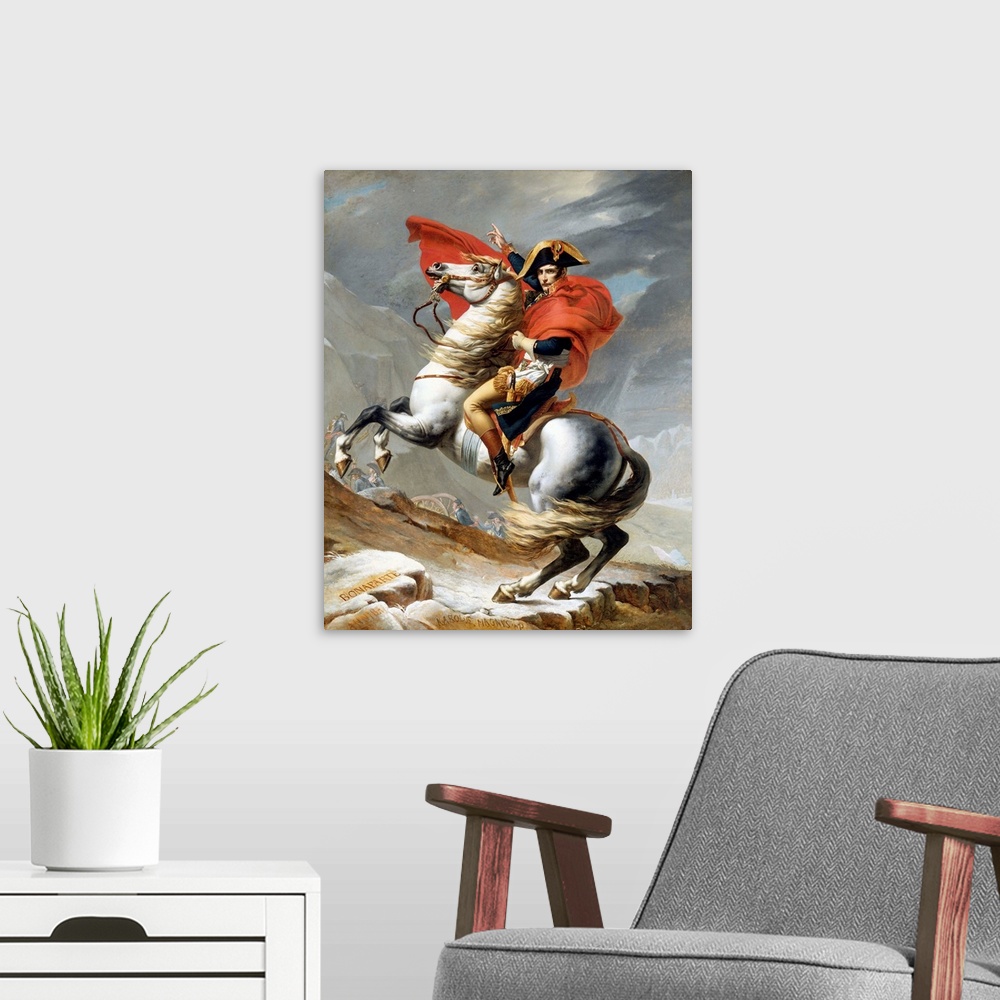 A modern room featuring Napoleon Crossing the Saint-Bernard Pass, 20 May 1800. 1801-1802. Oil on canvas. 232 x 271 cm (91...