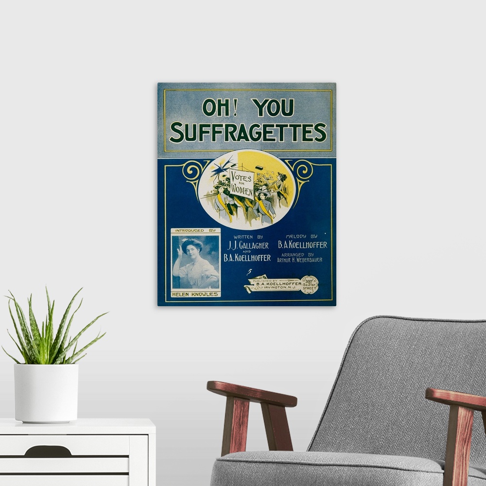 A modern room featuring Colorful sheet music for Oh You Suffragettes. The women's right to vote movement gave rise to a v...