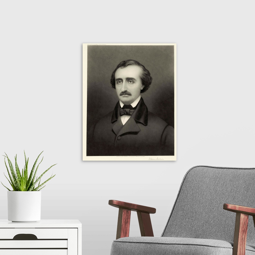 A modern room featuring Portrait of Edgar Allan Poe, by William Sartain (1843-1924), published in New York by Max William...
