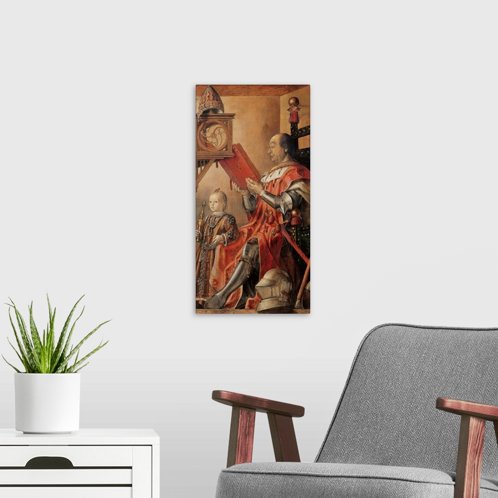 A modern room featuring Portrait of Federigo da Montefeltro, Duke of Urbino (1422-82) and his son Guidobaldo (d.1508) - P...