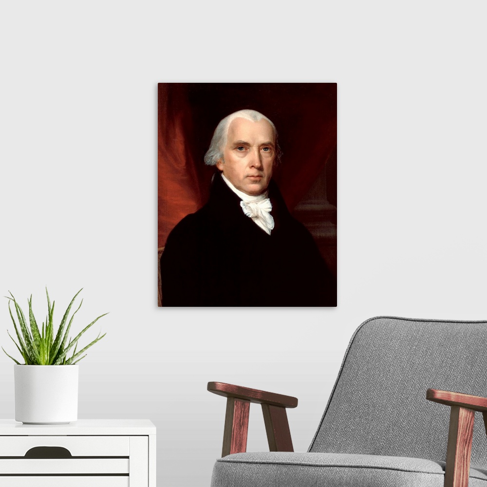 A modern room featuring Portrait of James Madison by unknown artist, 1816, oil on canvas, 26 x 22 3/16 in (66 x 56.4 cm)....