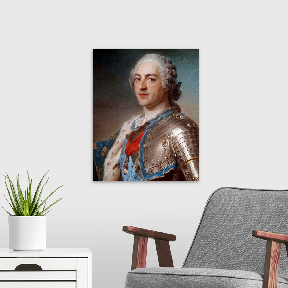 A modern room featuring Portrait of Louis XV (1710-1774) in armor, with cords of the order of the Holy Spirit and the Gol...