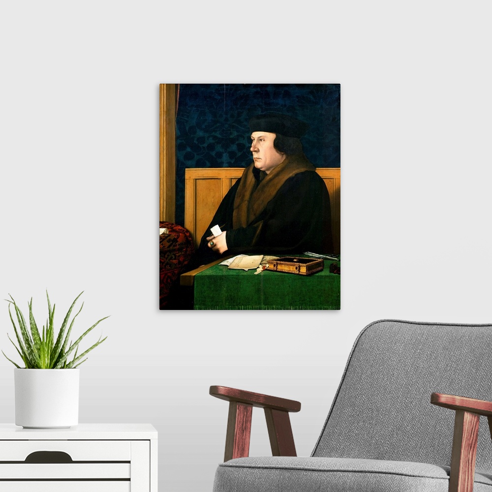 A modern room featuring Portrait Of Thomas Cromwell By Hans Holbein The Younger