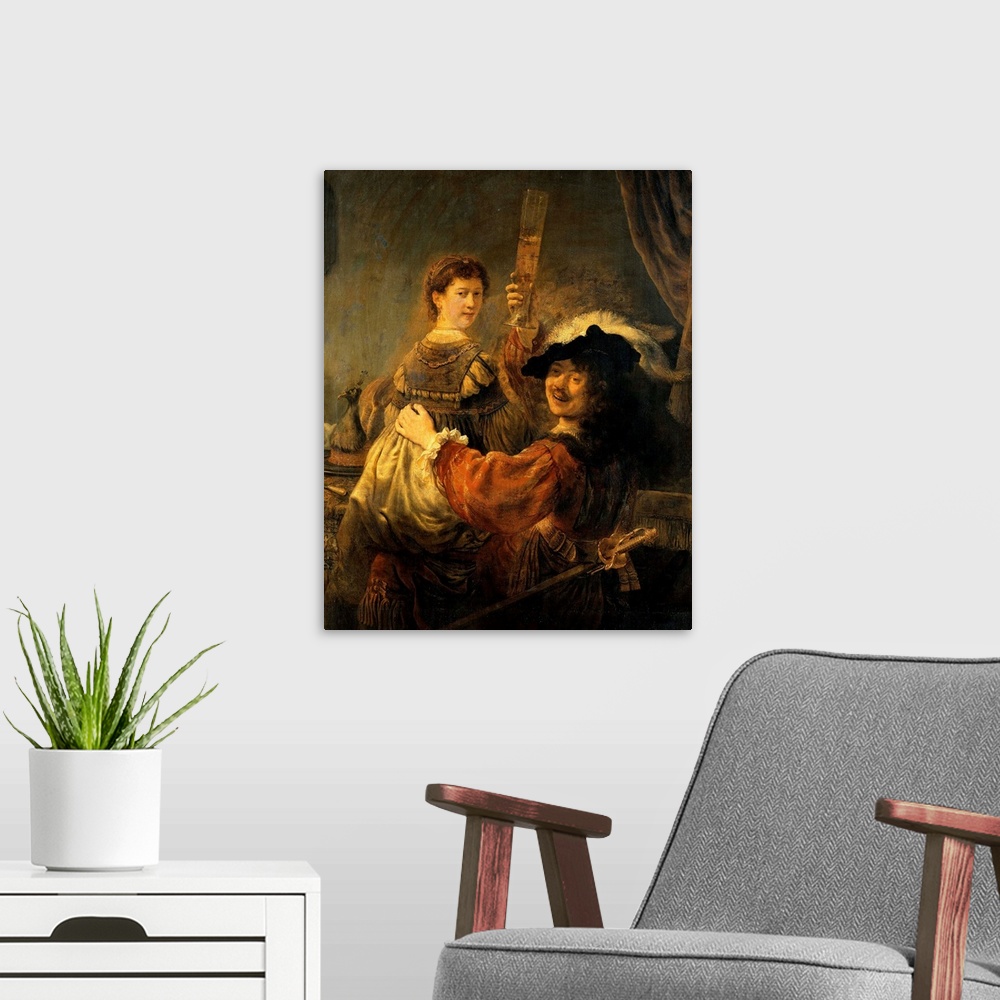 A modern room featuring Rembrandt (Dutch, 16061669), Rembrandt and Saskia in the Parable of the Prodigal Son., c. 1635, o...