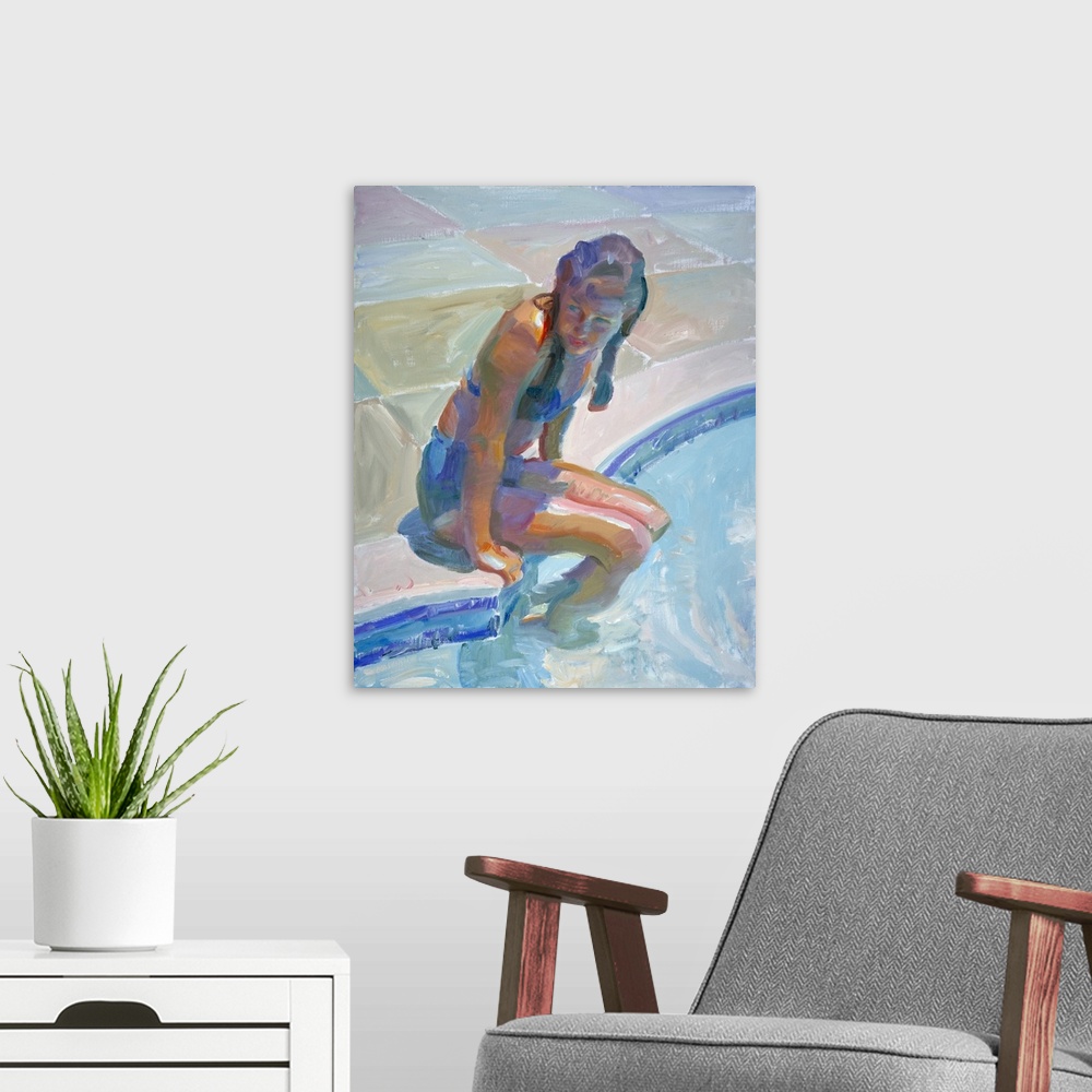 A modern room featuring Painting of a young girl sitting on the edge of a pool.