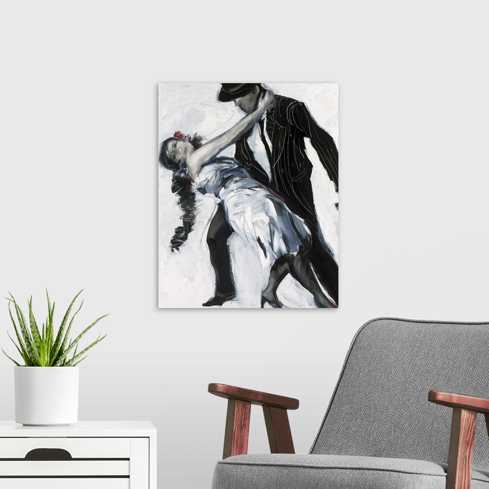 A modern room featuring Artwork of two people dancing. The woman has her hand wrapped around the man's neck as he dips he...