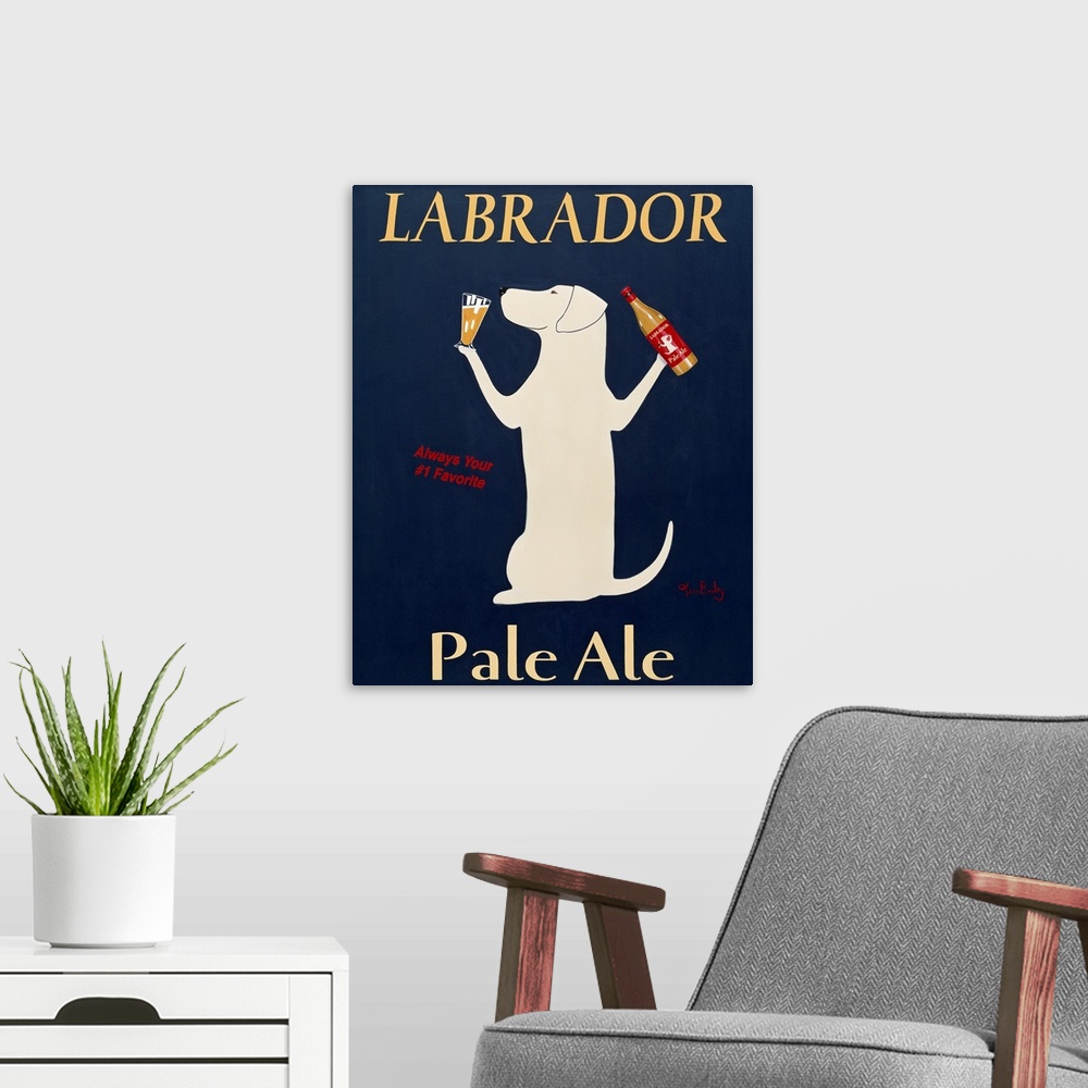 A modern room featuring Playful poster art work featuring a dog holding a beer bottle in one paw and a glass of alcohol I...