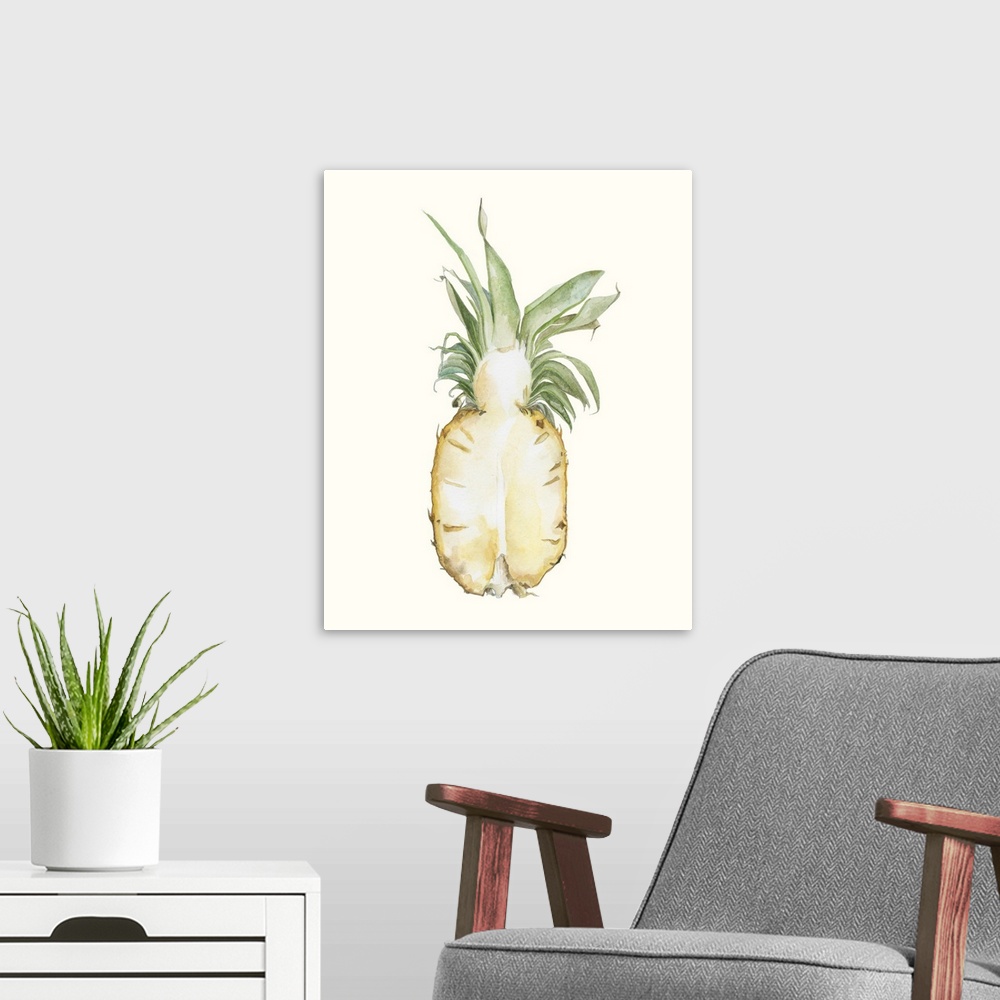 A modern room featuring Contemporary watercolor painting of a pineapple split in half on an off white background.