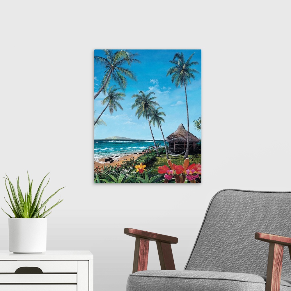 A modern room featuring This is a vertical landscape painting of a straw roof hut and hammock slung between palm trees ne...