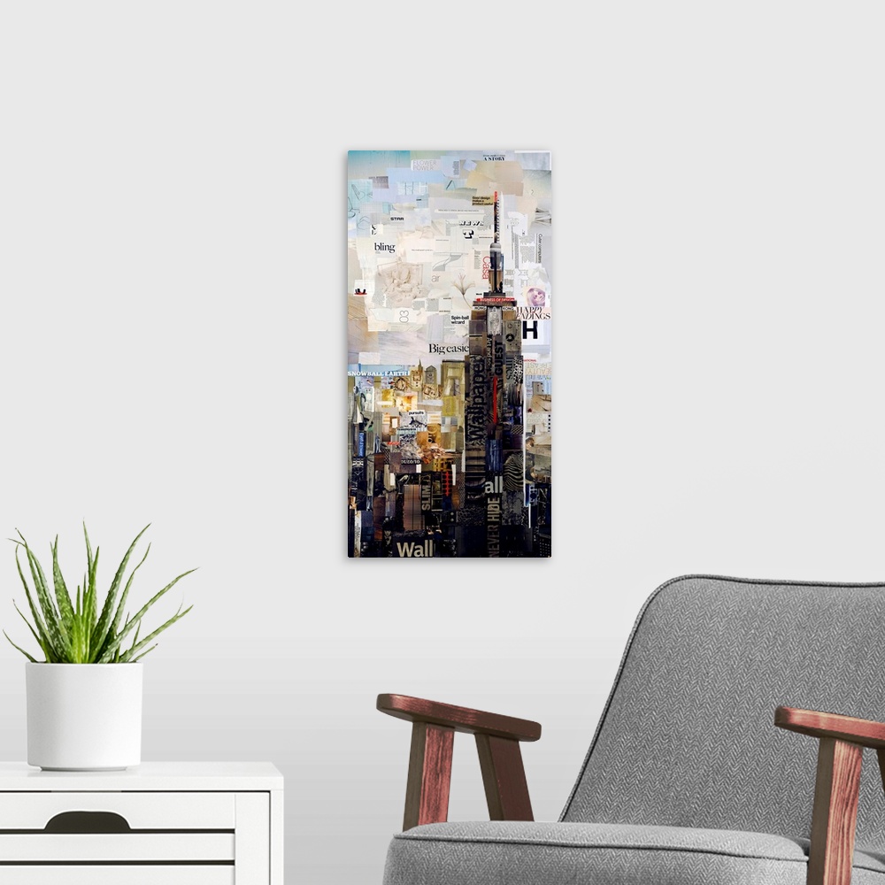 A modern room featuring Mixed media artwork of the Empire States Building made from cut magazine and book pages.