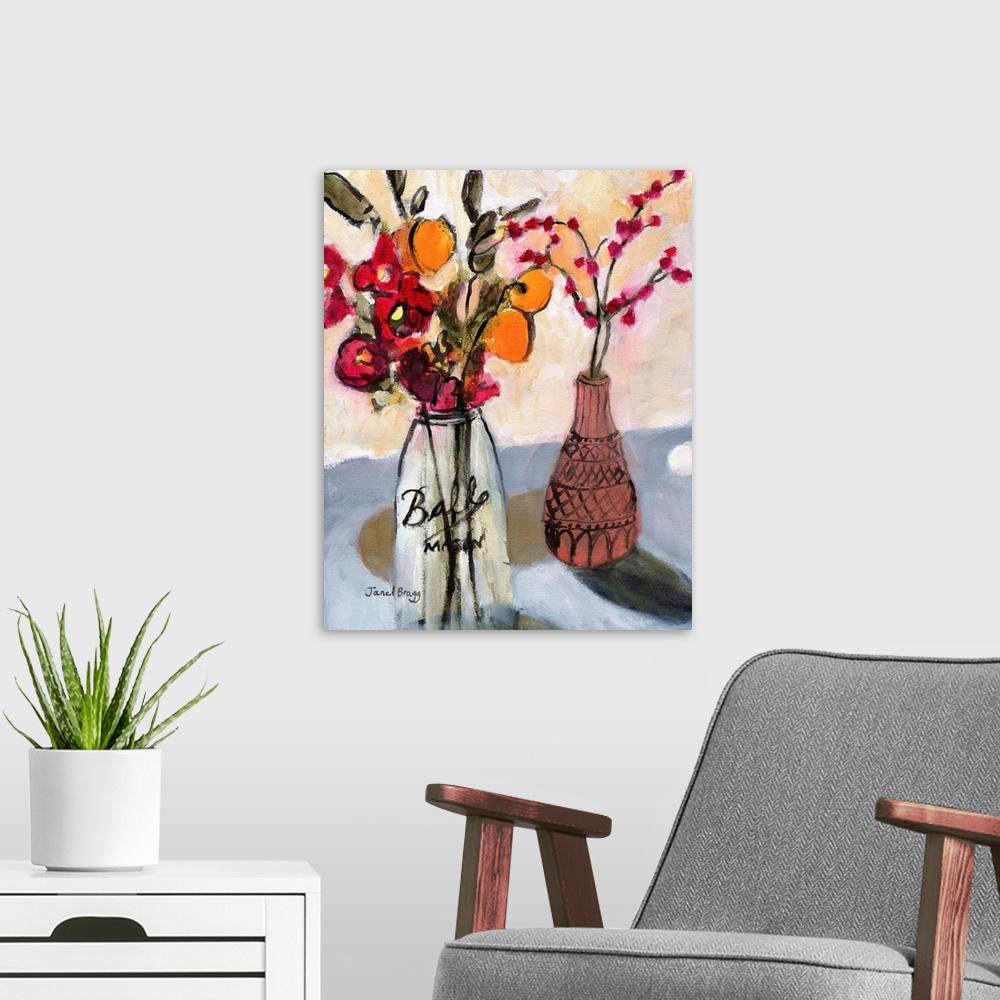 A modern room featuring Still Life With Mason Jar And Flowers