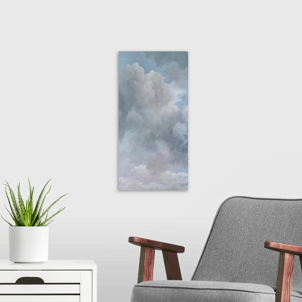 A modern room featuring A majestic sky filled with ethereal clouds in pastel tints.
